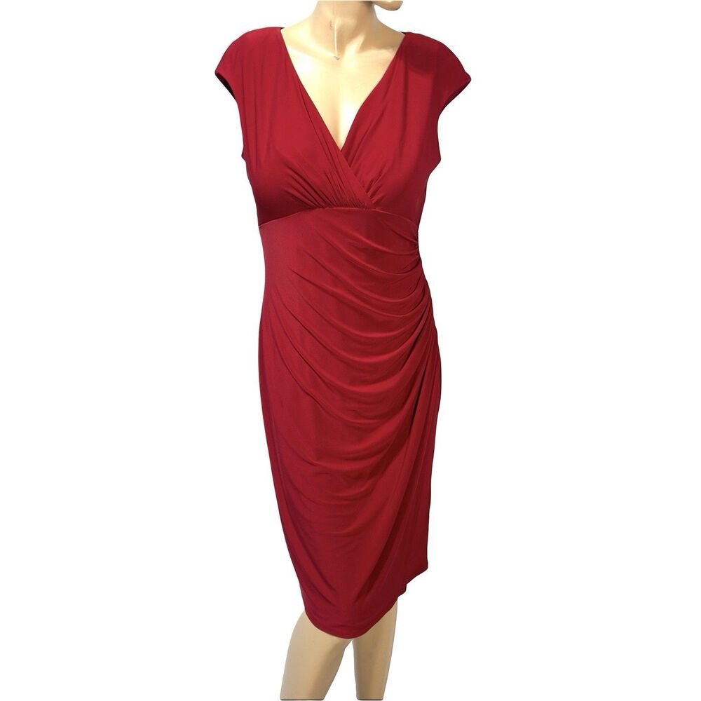Lauren Ralph Lauren Sheath Dress Sleeveless Size 8 Red Ruched Faux Wrap NWT